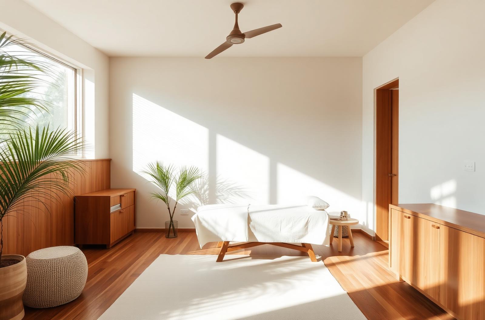 Sunlit teak-and-linen interior of the Bali clinic