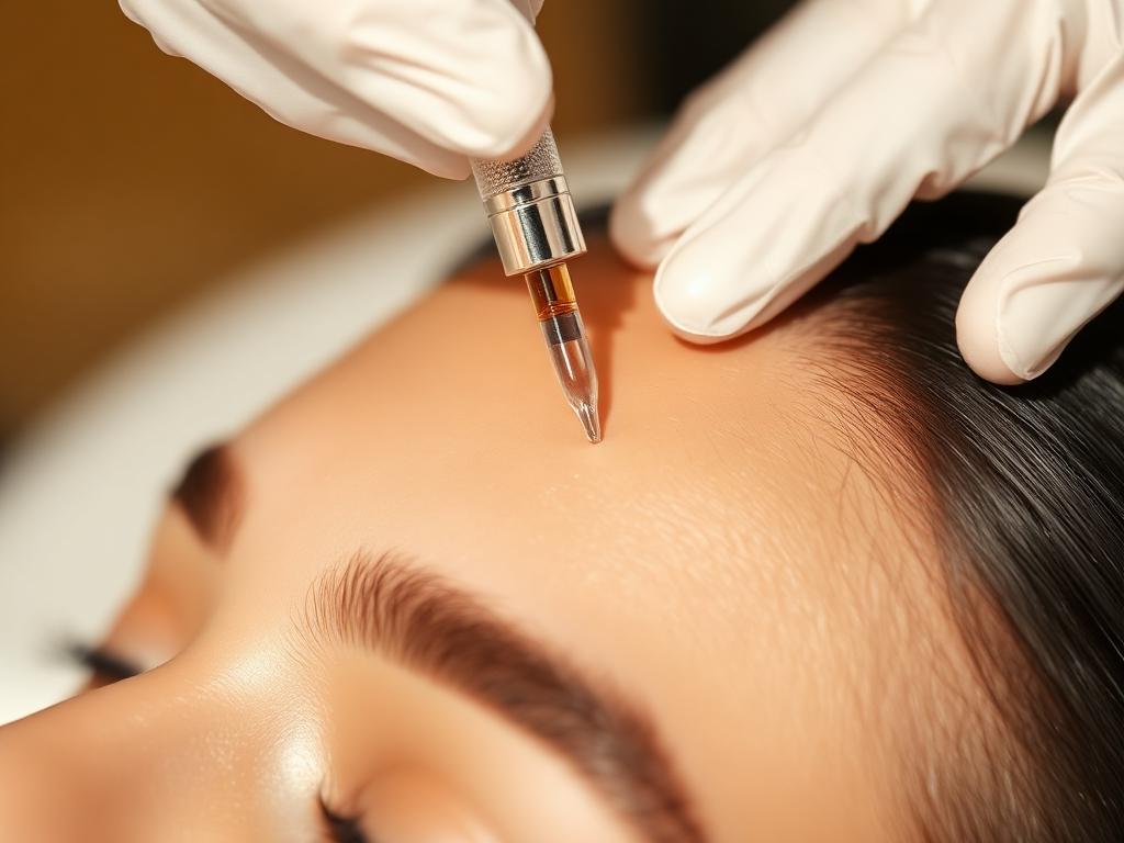 Regenerative exosome serum applied to the scalp during an advanced treatment in Bali.