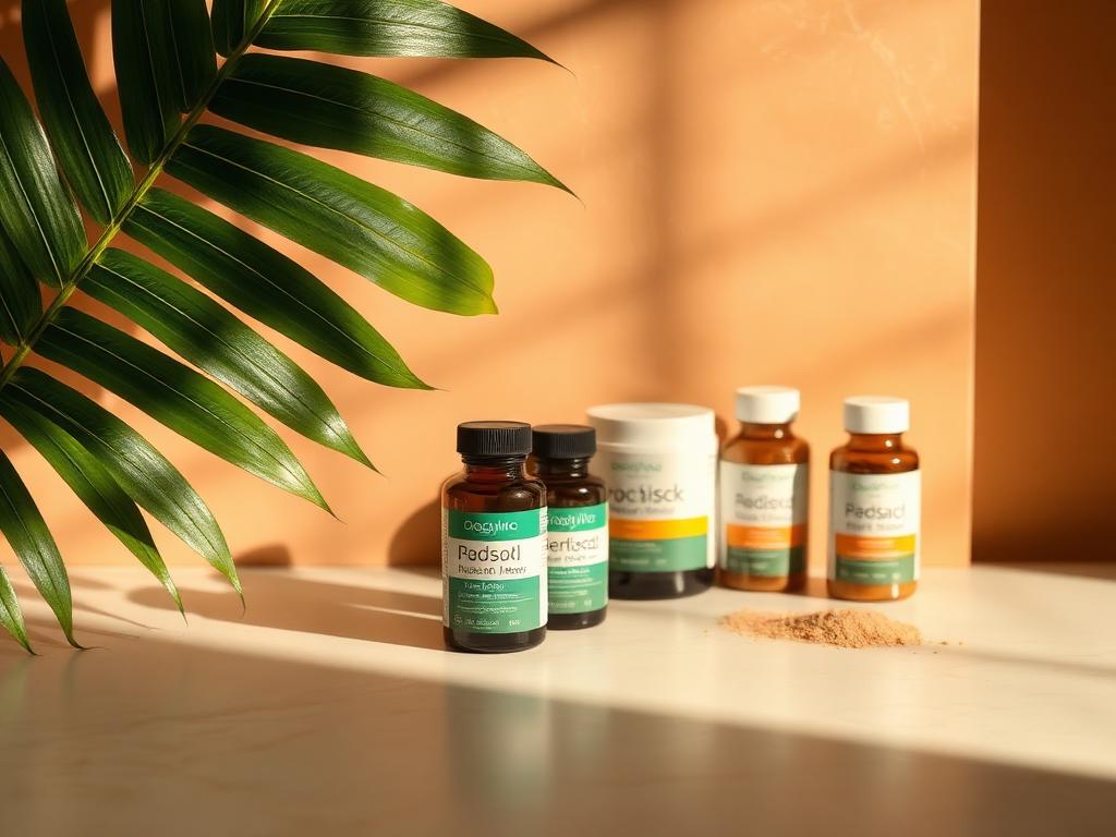 Prescription hair-loss medication and supplements arranged in a warm Bali setting.