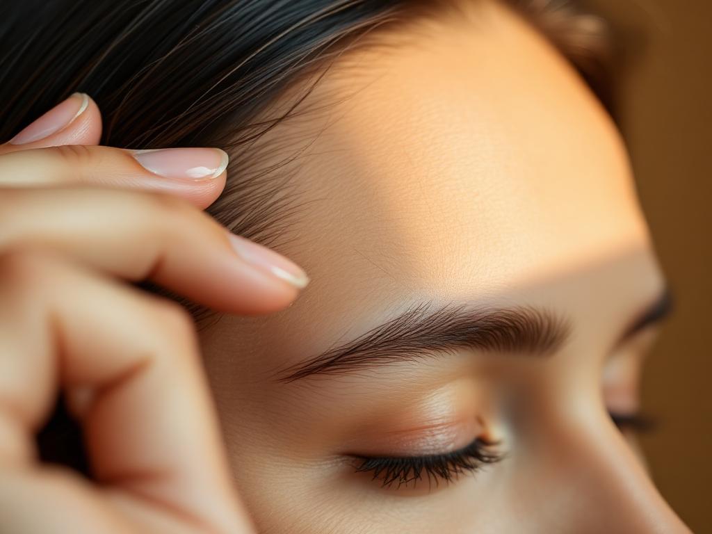 Close-up of a hand gently lifting hair to reveal a smooth hairline at the temple.